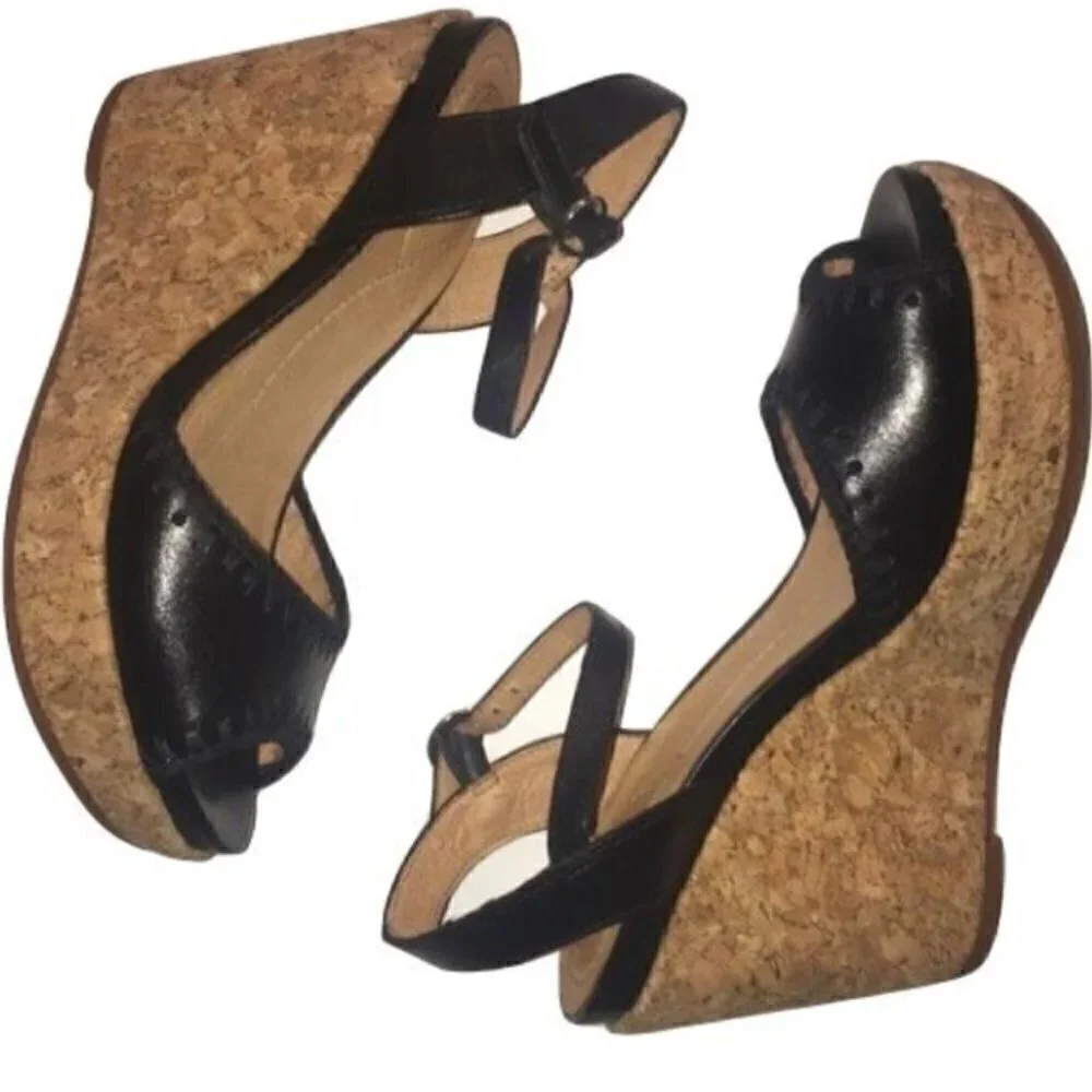 Nurture by Lamaze SZ 9.5 Tango Black leather peep toe cork wedge sandals